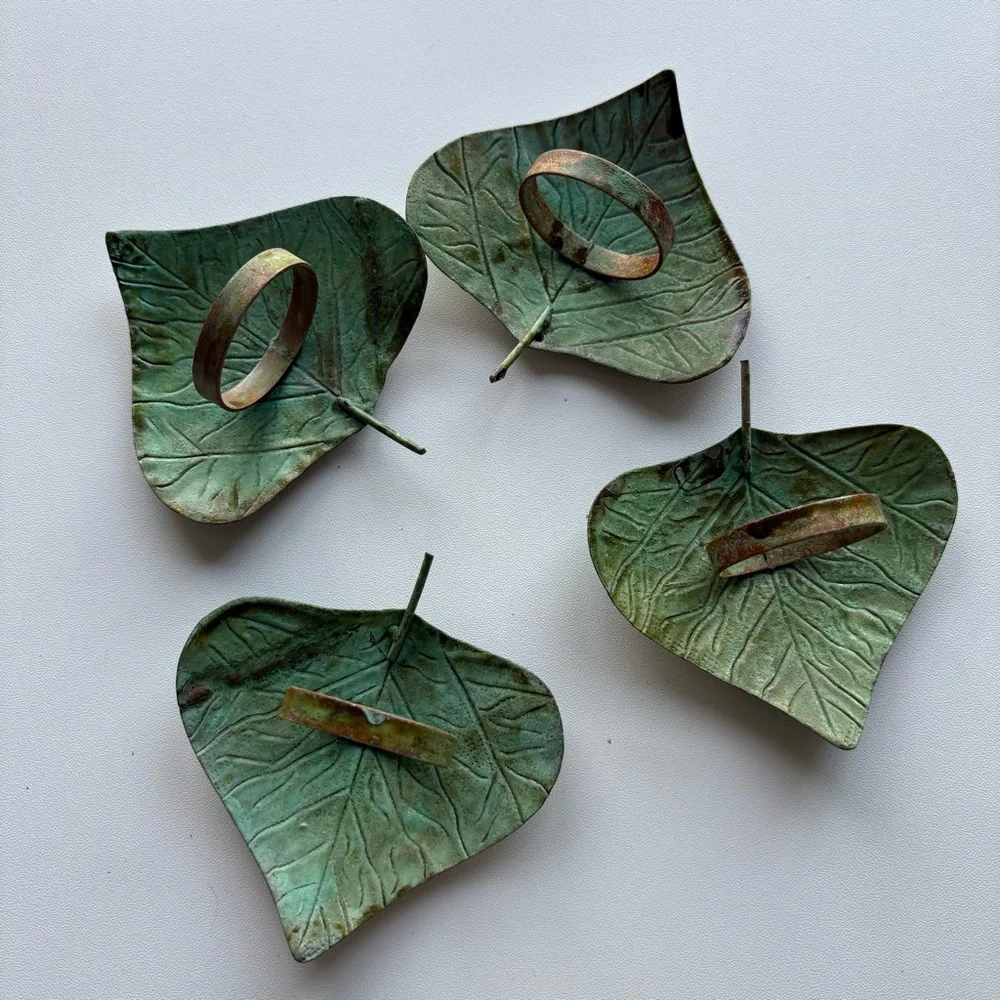 Vintage Green Metallic Leaf Shaped Napkin Rings - Set of 4